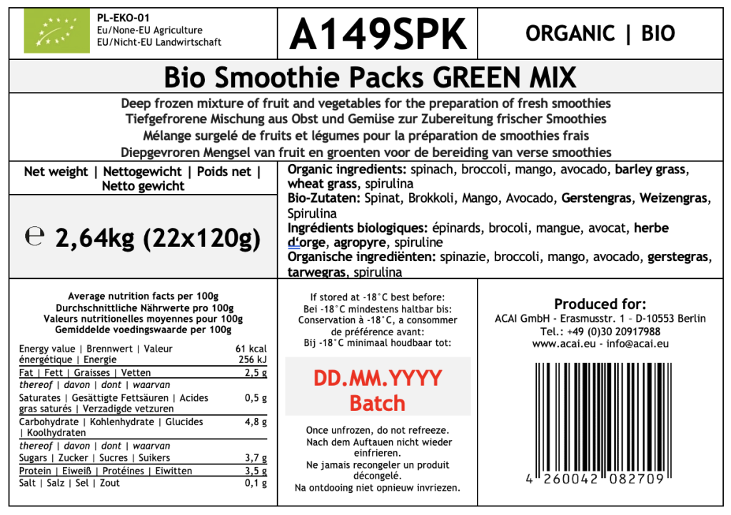 149SPK | Bio Smoothie Packs GREEN MIX | 2,64kg (22x120g)