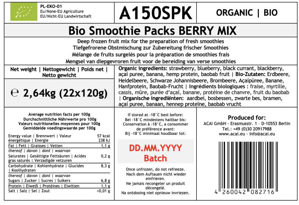 A150SPK | Bio Smoothie Packs BERRY MIX | 2,64kg (22x120g)