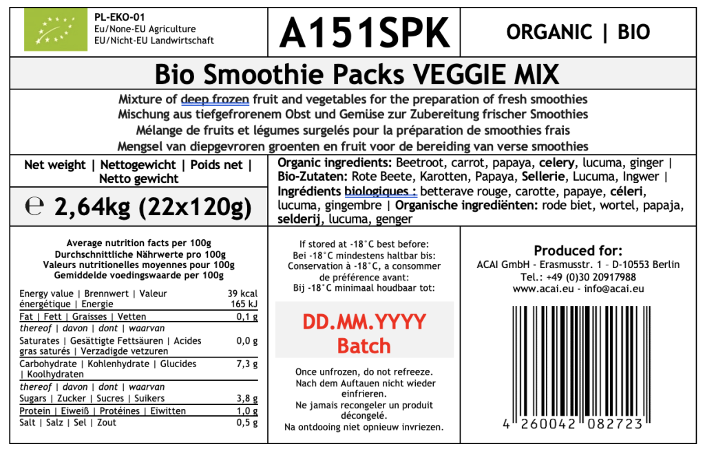 A151SPK | Bio Smoothie Packs VEGGIE MIX | 2,64kg (22x120g)