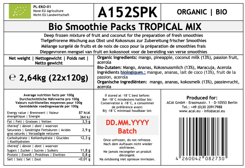 A152SPK | Bio Smoothie Packs TROPICAL MIX | 2,64kg (22x120g)
