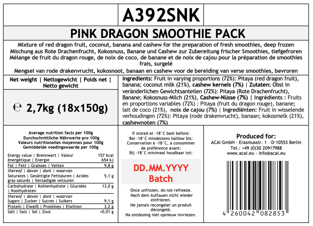 A392SNK | PINK DRAGON SMOOTHIE PACK | 2,7kg (18x150g)